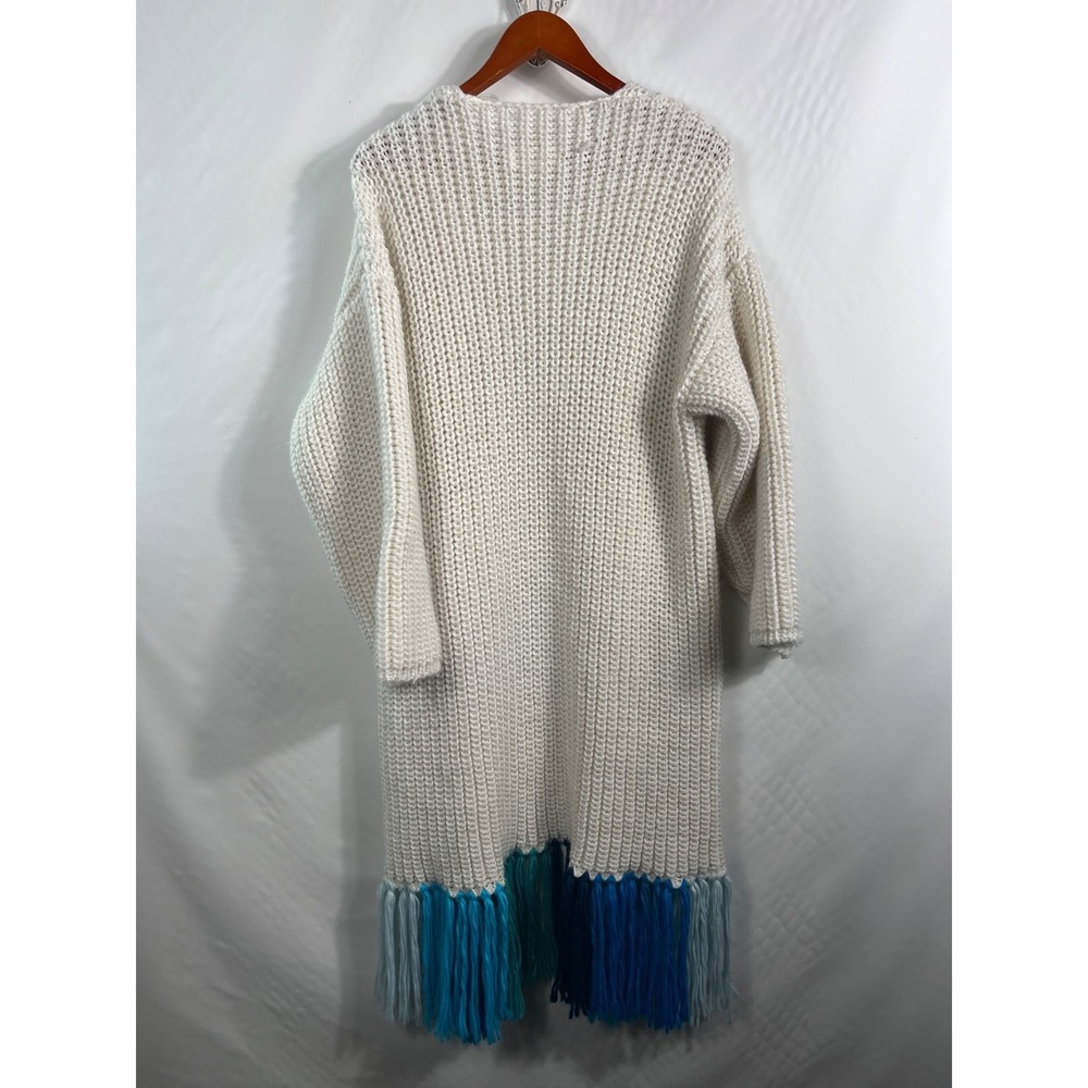 ANTHROPOLOGIE Long Cardigan‎ Sweater Cream w Blue Ombre Fringe Size OS Boho - Picture 11 of 16